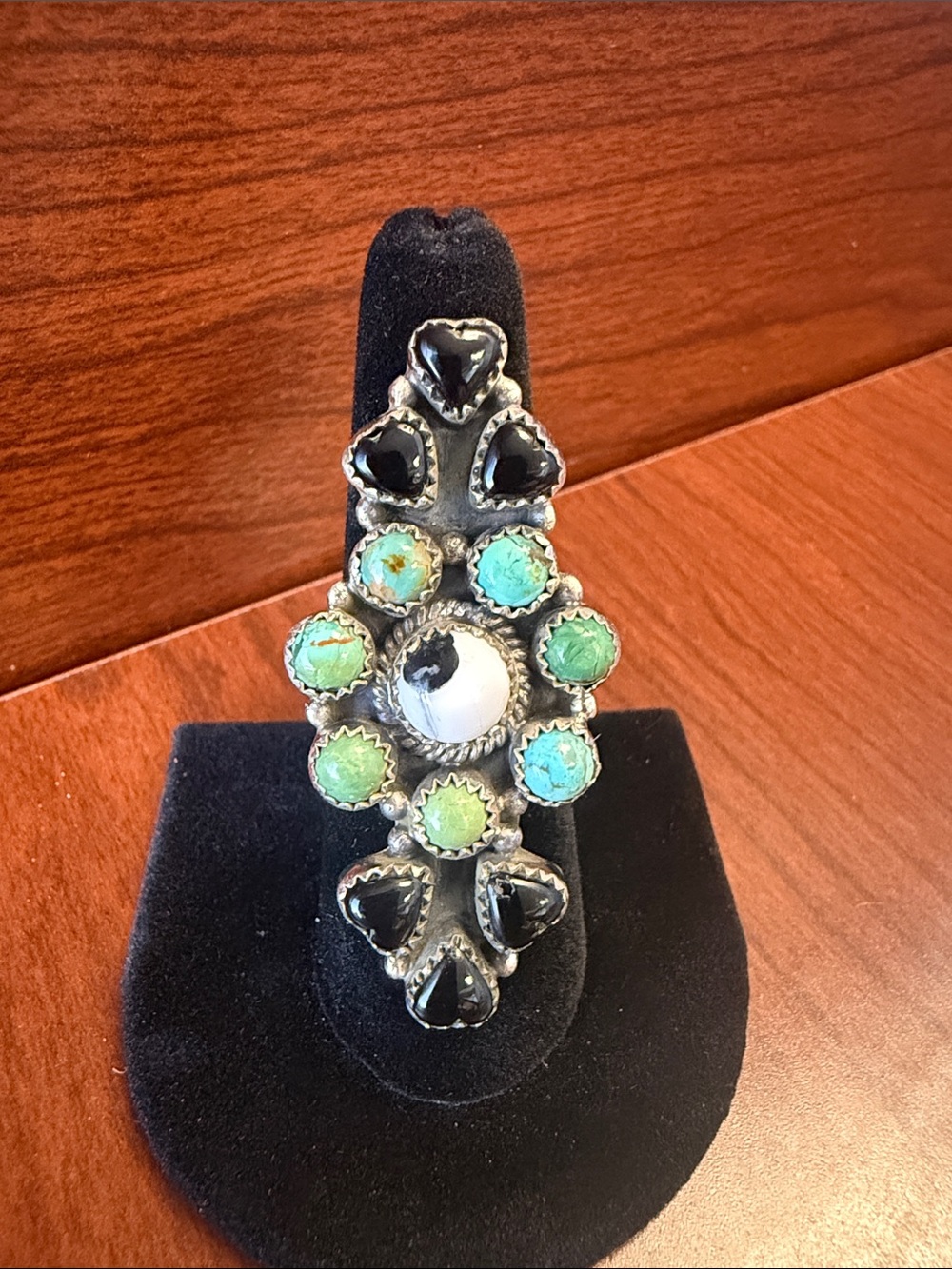 New 925 Sterling Silver Turquoise White Buffalo Onyx Heart Stone Statement Ring